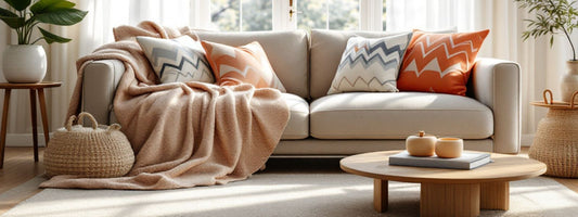Modern UK living room with a light-coloured sofa styled with patterned scatter cushions and a soft throw — showcasing cushions as decorative soft furnishings in a cosy home setting