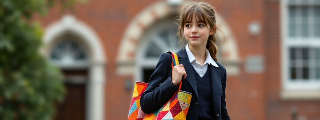 Schoolgirl carrying a colourful patchwork tote bag outside a brick school building.