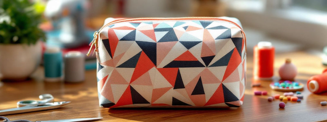 Boxy handmade make-up bag in bold geometric fabric, displayed on a wooden table surrounded by sewing tools, threads, and buttons in a sunlit craft space.