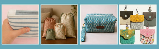 Collage of handmade fabric bags and pouches including a striped zip pouch, floral drawstring bags, a boxed zipper pouch and small snap pouch keyrings in coordinating prints.