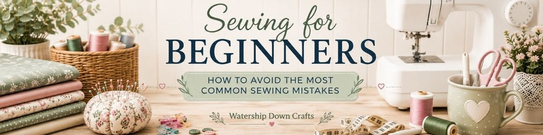 **Alt text:** Banner for a beginner sewing guide with a sewing machine, fabric, sewing tools and the title "Sewing for Beginners: How to Avoid the Most Common Sewing Mistakes".