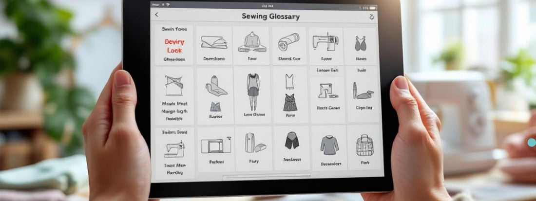 A person holding a tablet displaying a sewing glossary with illustrated sewing terms and icons. The screen features various sewing-related images and definitions, creating a helpful digital reference for beginners.