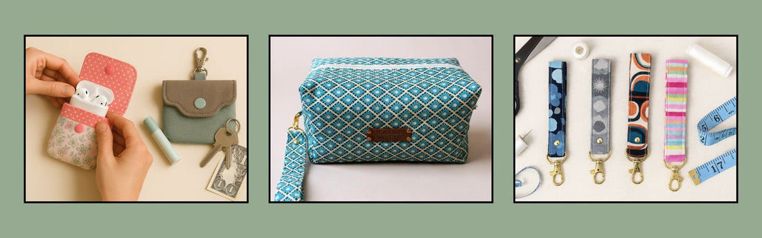 A collection of beginner-friendly sewing projects including a handmade AirPods pouch, a boxy zipper makeup bag, and colourful wristlet key fobs, displayed with sewing tools to showcase easy printable sewing tutorials.