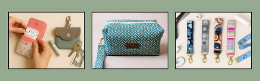 A collection of beginner-friendly sewing projects including a handmade AirPods pouch, a boxy zipper makeup bag, and colourful wristlet key fobs, displayed with sewing tools to showcase easy printable sewing tutorials.