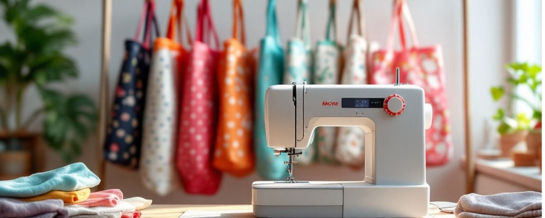 A sewing machine in the foreground with handmade tote bags in various colours and patterns hanging in the background, showcasing a creative and sustainable workspace.