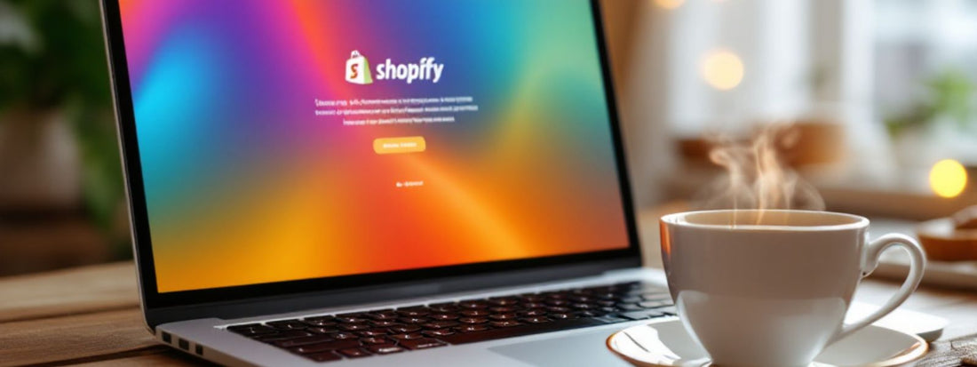 A laptop displays the Shopify login screen with a colourful gradient background. A steaming cup of tea sits beside it on a wooden desk, with soft lighting in the background.