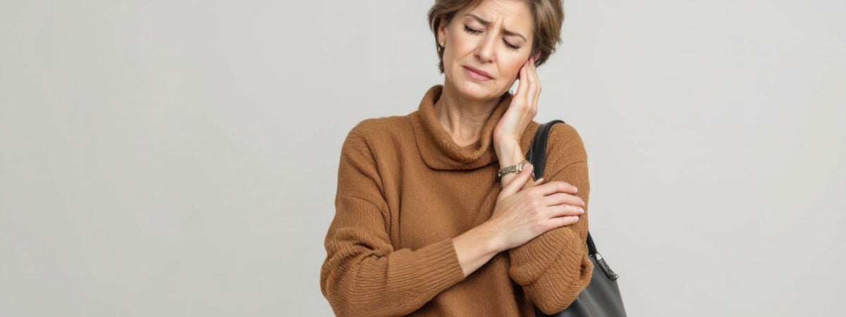 Woman in a brown jumper holding her shoulder in discomfort, suggesting pain potentially caused by carrying a heavy shoulder bag; neutral background and concerned expression.
