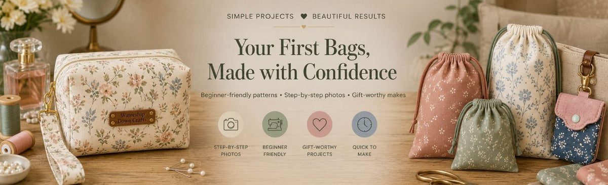 Elegant sewing blog header featuring handmade floral zipper pouches, drawstring bags, and a mini snap pouch styled in a warm craft room setting with soft neutral tones and beginner-friendly sewing text overlay.
