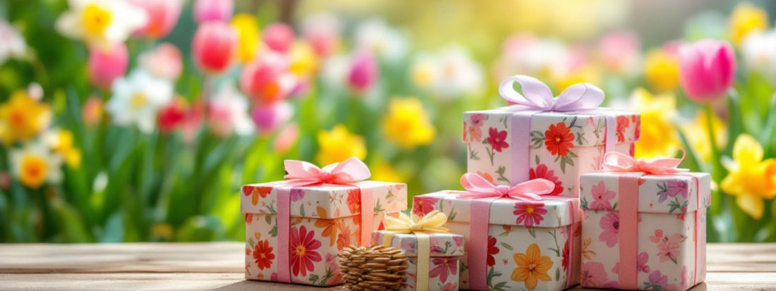 Beautifully wrapped spring gifts with floral patterns, set against a vibrant garden of blooming tulips.