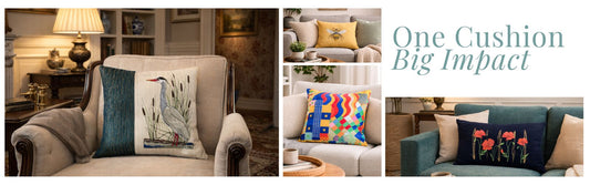ollage banner showing statement cushion covers styled on sofas and an armchair, with the text ‘One Cushion, Big Impact