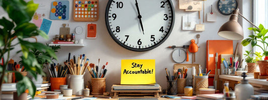 Creative workspace with colourful supplies, large clock, and a note reading ‘Stay Accountable!’ — representing time management, routine, and accountability in a solo craft business