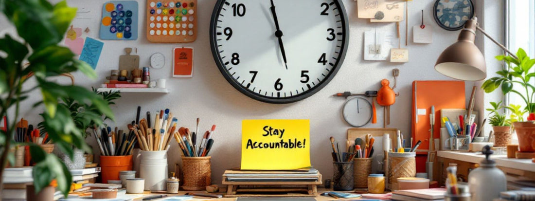 Creative workspace with colourful supplies, large clock, and a note reading ‘Stay Accountable!’ — representing time management, routine, and accountability in a solo craft business
