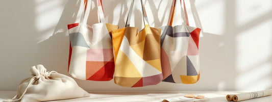 Set of three geometric patterned fabric tote bags hanging on hooks – colourful unique handmade tote bags UK.