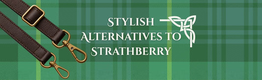 Green tartan banner with leather bag straps and the text “Stylish Alternatives to Strathberry” in a bold serif font with Celtic-style detailing.