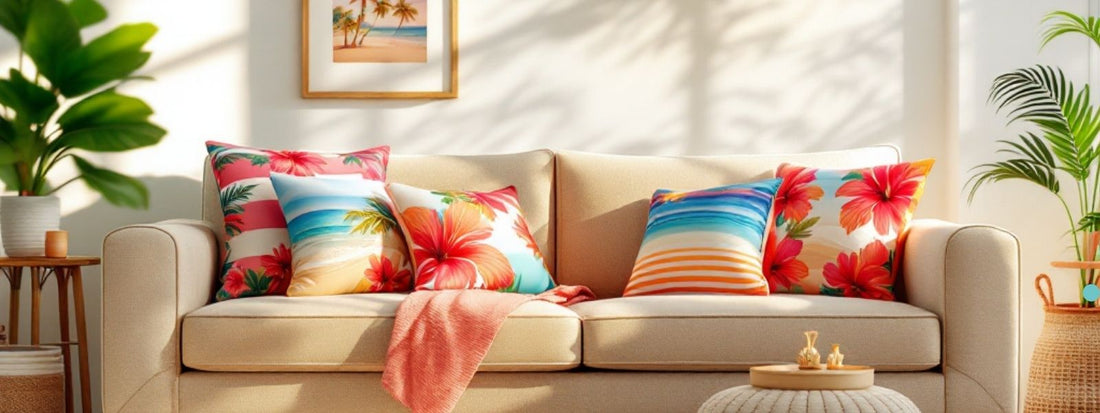 A bright and inviting living room with a beige sofa adorned with tropical-themed cushions featuring bold hibiscus flowers and beach-inspired designs, complemented by lush green plants and warm natural lighting