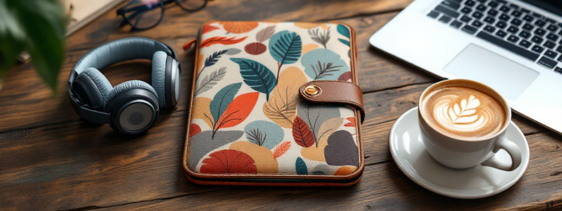 Padded tablet sleeve with bold leaf print on a wooden table beside a laptop, coffee cup, headphones, and glasses — ideal for freelancers or remote workers.