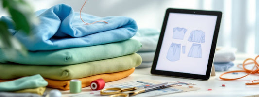 Stack of pastel fabrics with sewing supplies and a tablet displaying dressmaking sketches, styled on a bright sewing workspace.