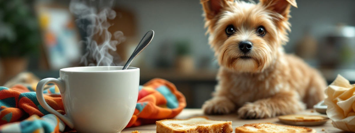 A small dog sits on a kitchen table beside a steaming mug with a spoon inside, a colourful tea towel, and a few slices of toast. The dog stares directly at the camera, giving the scene a cosy but slightly chaotic morning vibe.