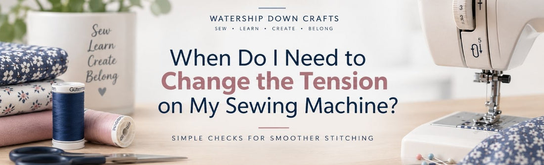Blog header for “When Do I Need to Change the Tension on My Sewing Machine?” with sewing machine, thread and fabric.