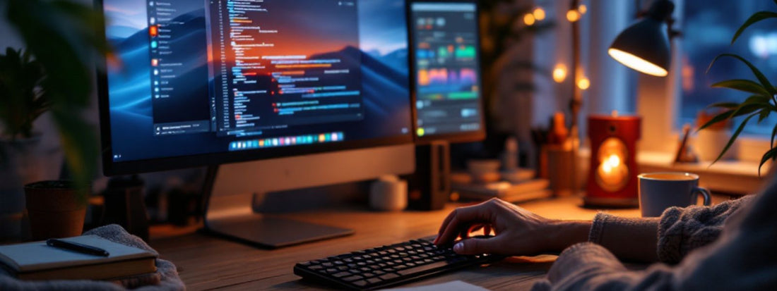 Person working late at a cosy desk with a computer, showing code and colourful graphs on screen — creating, building, and figuring things out slowly.