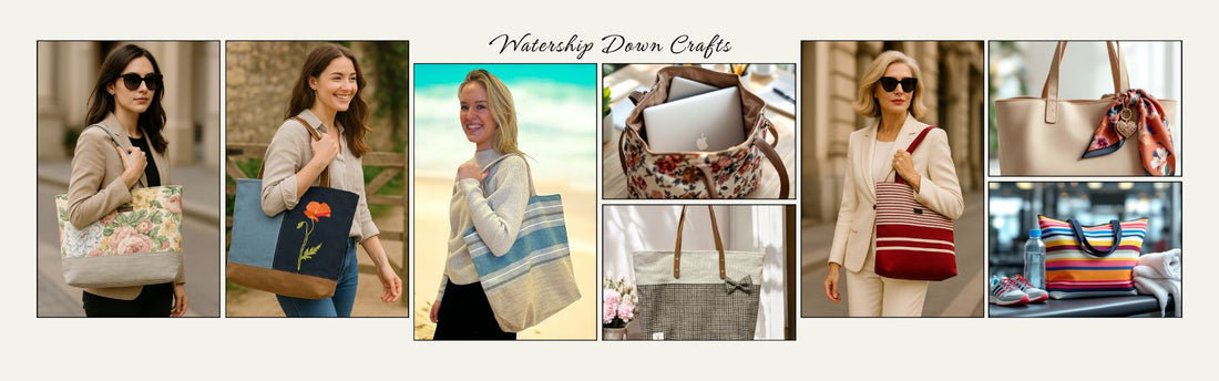Lifestyle collage featuring Watership Down Crafts tote bags, showing various fabric designs and styles carried by models, styled outfits, close-up interior details, and everyday use inspiration.
