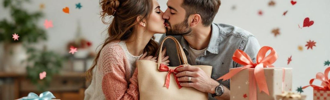 A couple exchange a kiss while holding a gift-wrapped tote bag. The background includes wrapped presents and decorative hearts, creating a warm, romantic atmosphere perfect for gifting.