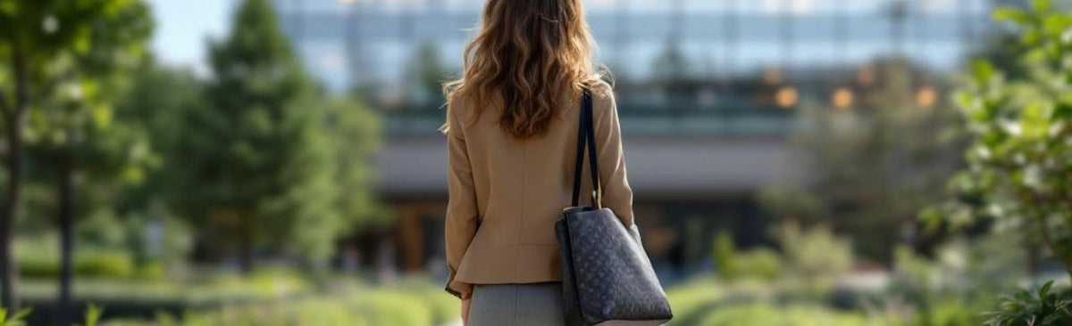 A woman in business attire walks through a modern outdoor campus or office park carrying a structured black tote bag, viewed from behind, with trees and glass buildings in the background.