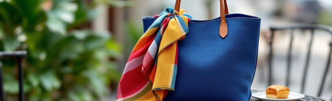 A blue tote bag with brown leather straps and a colourful scarf tied around one handle, on a cafe table