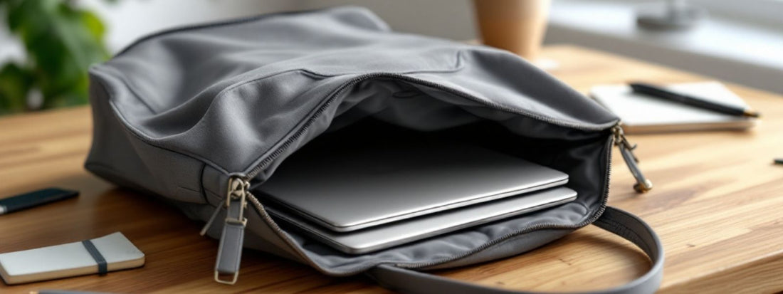 Grey tote bag with a laptop securely stored inside, showing how tote bags can carry laptops safely