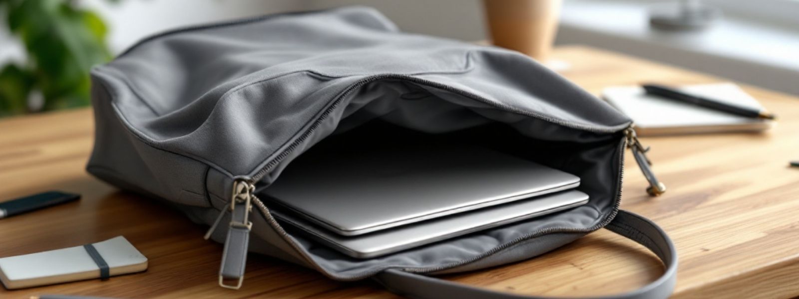 Grey tote bag with a laptop securely stored inside, showing how tote bags can carry laptops safely