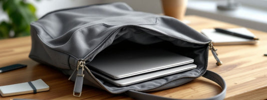 Grey tote bag with a laptop securely stored inside, showing how tote bags can carry laptops safely