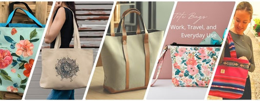 A collage featuring various stylish tote bags designed for work, travel, and everyday use. The image showcases different bag styles, including floral prints, minimalist designs, and colorful patterns, highlighting their versatility and practicality