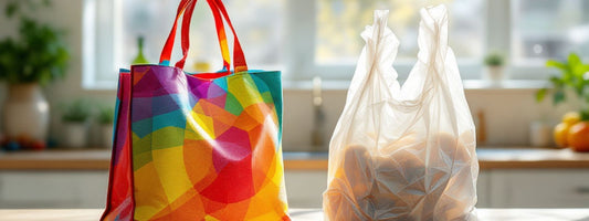A vibrant reusable tote bag next to a crumpled plastic bag on a kitchen counter, highlighting the sustainability comparison between the two