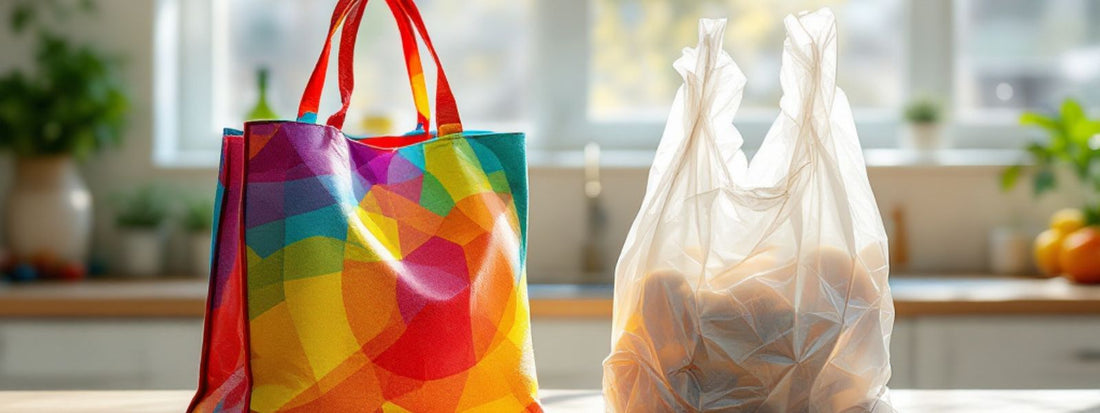 A vibrant reusable tote bag next to a crumpled plastic bag on a kitchen counter, highlighting the sustainability comparison between the two
