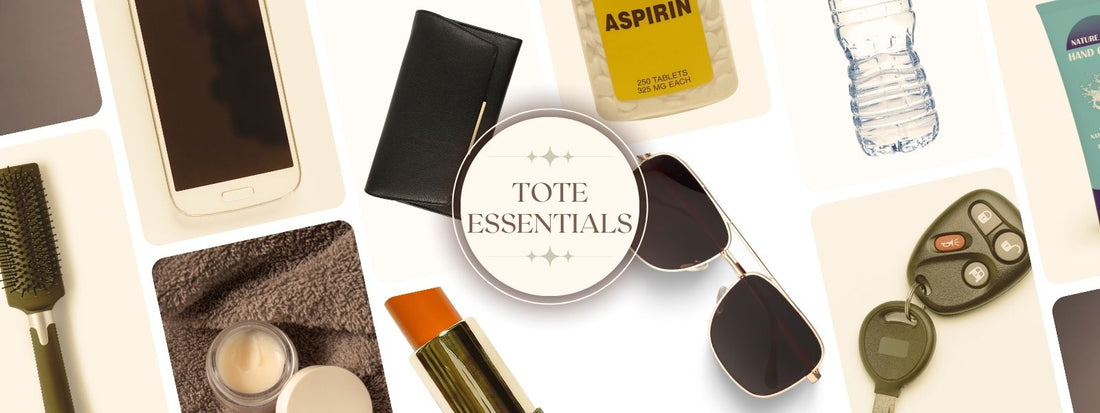 Flat lay of tote bag essentials including a phone, wallet, sunglasses, lipstick, keys, water bottle, painkillers, and other personal items, with a central label reading "Tote Essentials.