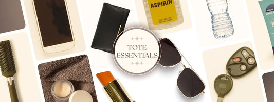 Flat lay of tote bag essentials including a phone, wallet, sunglasses, lipstick, keys, water bottle, painkillers, and other personal items, with a central label reading "Tote Essentials.