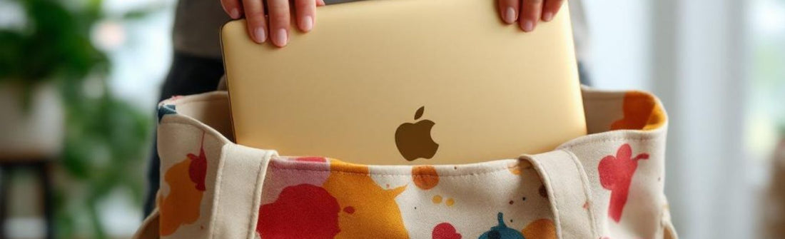 Person placing a gold MacBook into a colourful canvas tote bag, demonstrating tote bag size and functionality for carrying laptops