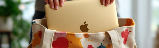 Person placing a gold MacBook into a colourful canvas tote bag, demonstrating tote bag size and functionality for carrying laptops