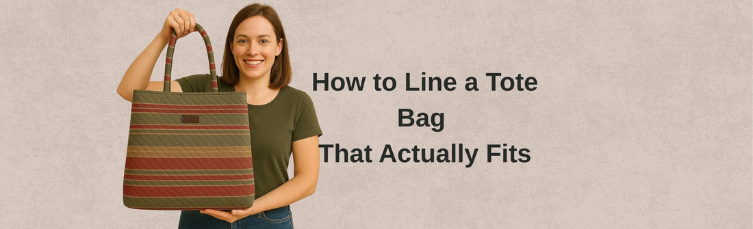 Smiling woman holding a handmade striped tote bag with clean inset lining, next to the title “How to Line a Tote Bag That Actually Fits” on a neutral background.