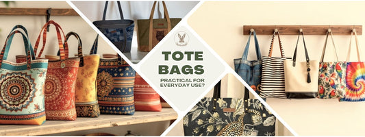 Collage of stylish handmade tote bags in various designs and patterns. The central text reads 'Tote Bags: Practical for Everyday Use?' with images of tote bags displayed on a wooden rack and a table.