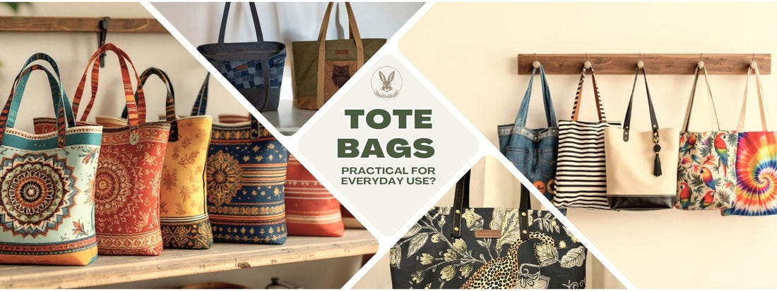 Collage of stylish handmade tote bags in various designs and patterns. The central text reads 'Tote Bags: Practical for Everyday Use?' with images of tote bags displayed on a wooden rack and a table.