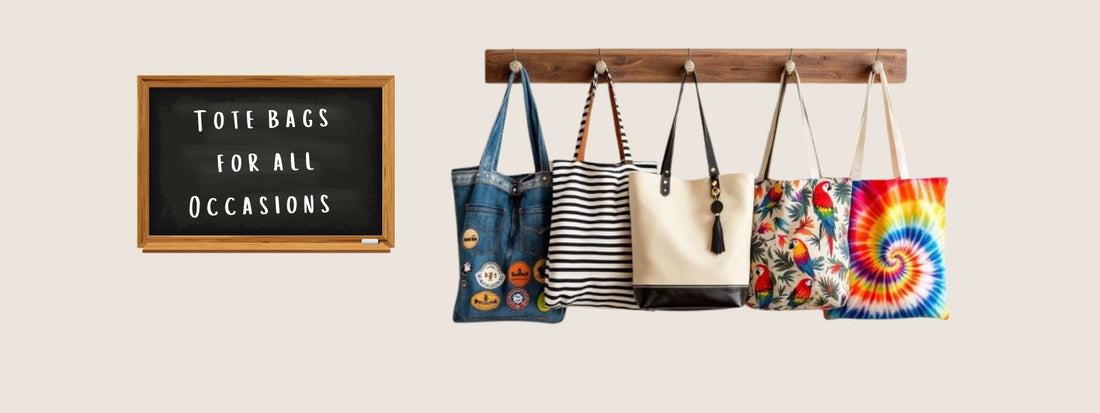 A wooden wall rack displaying a variety of tote bags, including denim with patches, striped, floral, and tie-dye designs. A small sign nearby reads "Tote Bags for All Occasions.