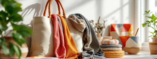 A sunlit display of handmade textiles, featuring a canvas tote bag with woven handles, soft draped fabrics, stacked fabric coasters, and geometric-patterned decor, complemented by natural baskets and greenery