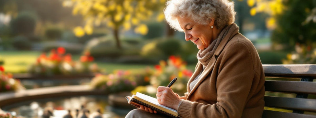 An older woman sitting on an outdoor bench, writing in a notebook 
