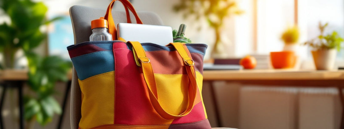 Colourful canvas tote bag on an office chair, filled with a laptop, water bottle, and groceries, with a bright, sunlit workspace in the background.