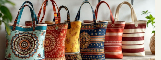 A row of handmade tote bags with colorful bohemian patterns and sturdy handles.