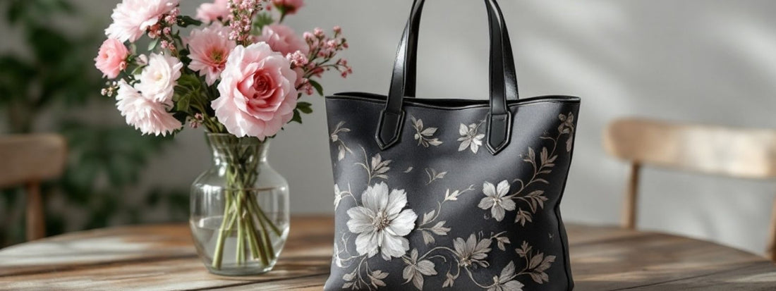 Elegant black tote bag adorned with a delicate white and gray floral pattern, resting on a wooden table. The bag features sturdy black handles and a sleek, structured design. A vase of fresh pink roses sits nearby, adding a touch of charm to the scene.