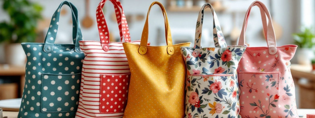 A collection of five colorful handmade tote bags in polka dot, striped, floral, and solid designs, displayed on a wooden surface. Each bag features sturdy handles and a stylish, practical design.