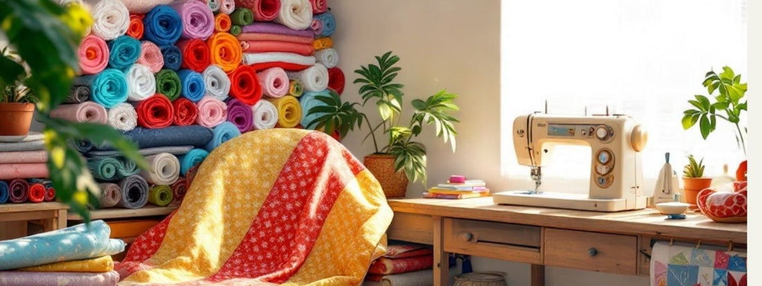 A cosy sewing workspace with a wooden table, vintage sewing machine, and neatly stacked colourful fabric rolls. A handmade patchwork quilt drapes over a chair, surrounded by plants and natural light.