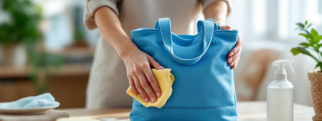 A person cleaning a blue tote bag with a yellow cloth, with a spray bottle and a tidy indoor setting in the background.